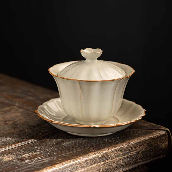 Buddha Stones, forma de flor de ciruelo Beige, rama de melocotón, taza de té de cerámica Gaiwan Sancai, taza de té de Kung Fu con tapa