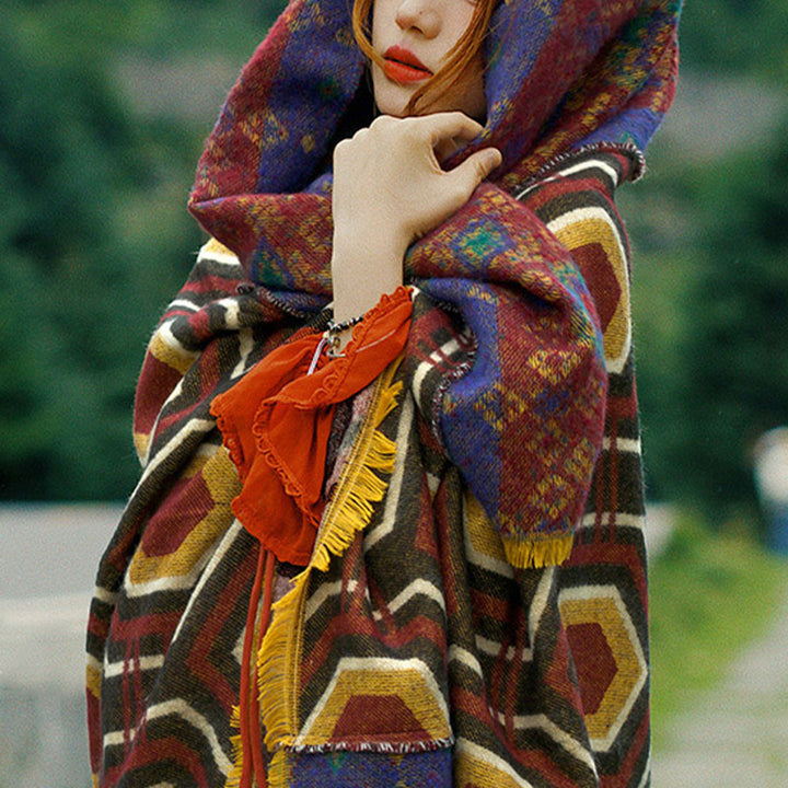 Mantón tibetano de Buddha Stones, patrón de formas geométricas, marrón, azul y rojo, bufanda de viaje acogedora para invierno