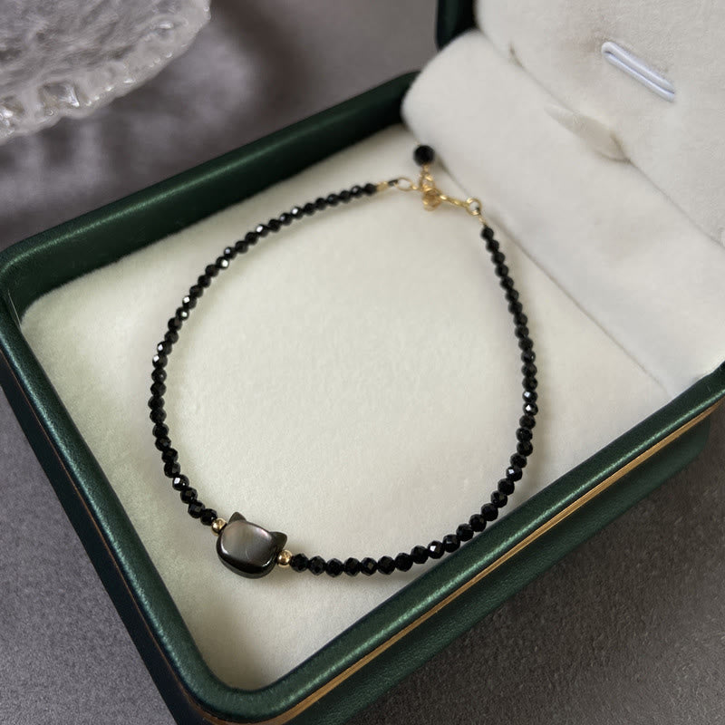 Pulsera curativa de piedra Tridacna de gato lindo de cristal blanco de espinela negra chapada en oro de 14 quilates con Buddha Stones - image 2