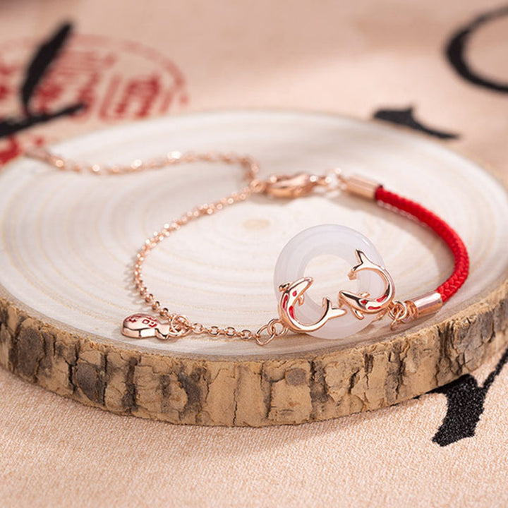 Pulsera con amuleto de la suerte , Buddha Stones, Jade blanco, doble pez Koi, hebilla de la paz, atrae la fortuna