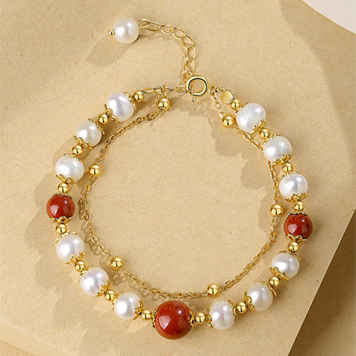 Pulsera de cadena de doble capa con cuentas de sabiduría de cinabrio y perlas de plata de ley 925 con Buddha Stones