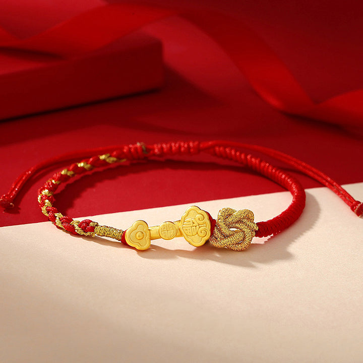 Pulsera de cuerda de la suerte con diseño de personaje Fu de plata de ley 999 con Buddha Stones