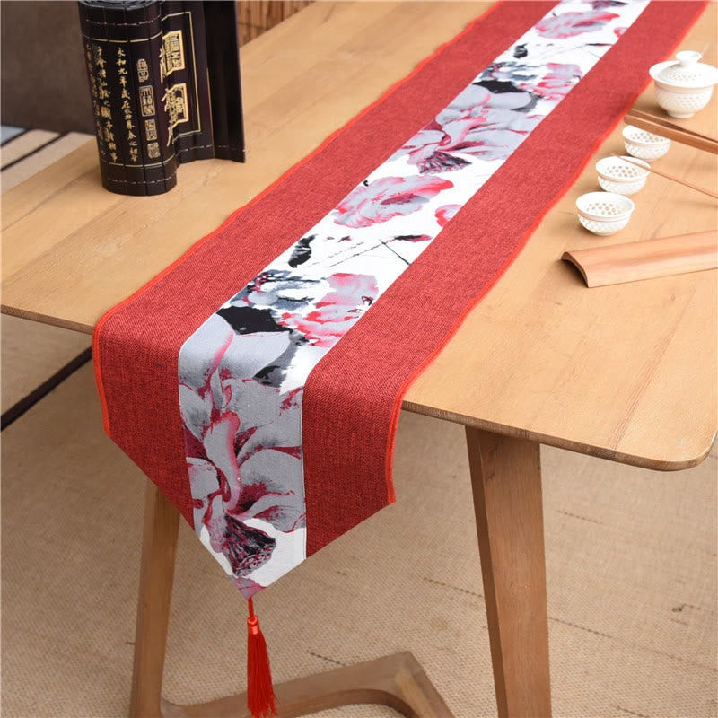 Camino de mesa con borlas de lino y algodón, Buddha Stones, estilo chino clásico, loto, pez Koi, flor, grulla, caligrafía, iluminación