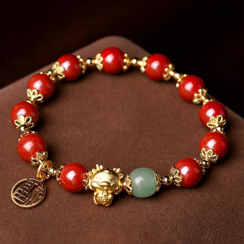 Buddha Stones Año del Dragón Cinabrio Natural Fu Carácter Charm Pulsera de Bendición