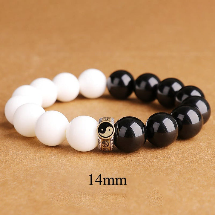 Pulsera de fuerza Yin Yang de concha blanca de obsidiana negra de plata de ley 925 con Buddha Stones