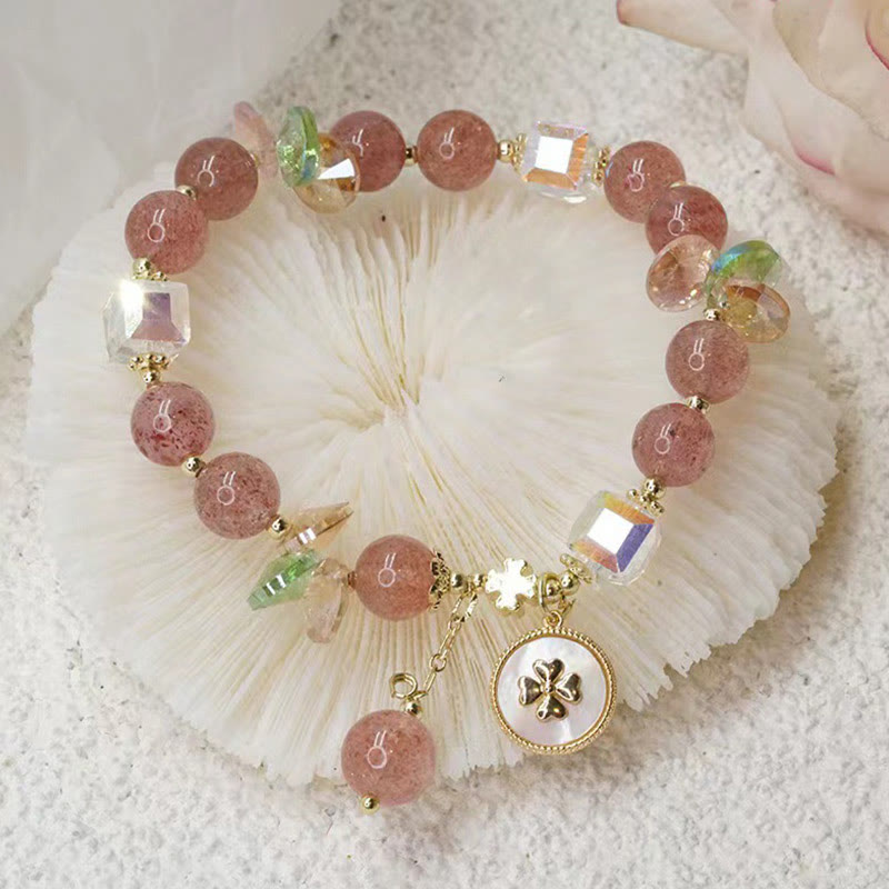 Pulsera con dijes curativos de trébol de cuatro hojas de la suerte, cuarzo fresa, Buddha Stones