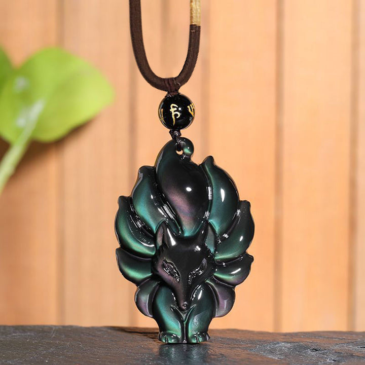 Buddha Stones, obsidiana arcoíris Natural, brillo dorado, obsidiana, zorro de nueve colas, colgante positivo