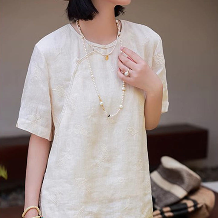 Blusa suelta de lino de ramio con Buddha Stones , camisa de manga corta, Top de estilo chino