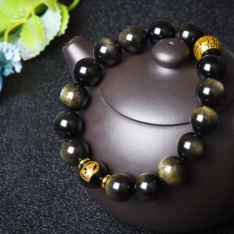 Pulsera de protección de la riqueza de obsidiana con brillo dorado del Buda Natal del zodíaco chino