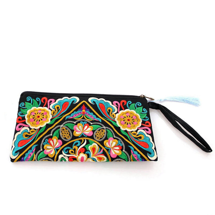 Cartera de compras con bordado de flores de Buddha Stones, dragón, mariposa, cosmos