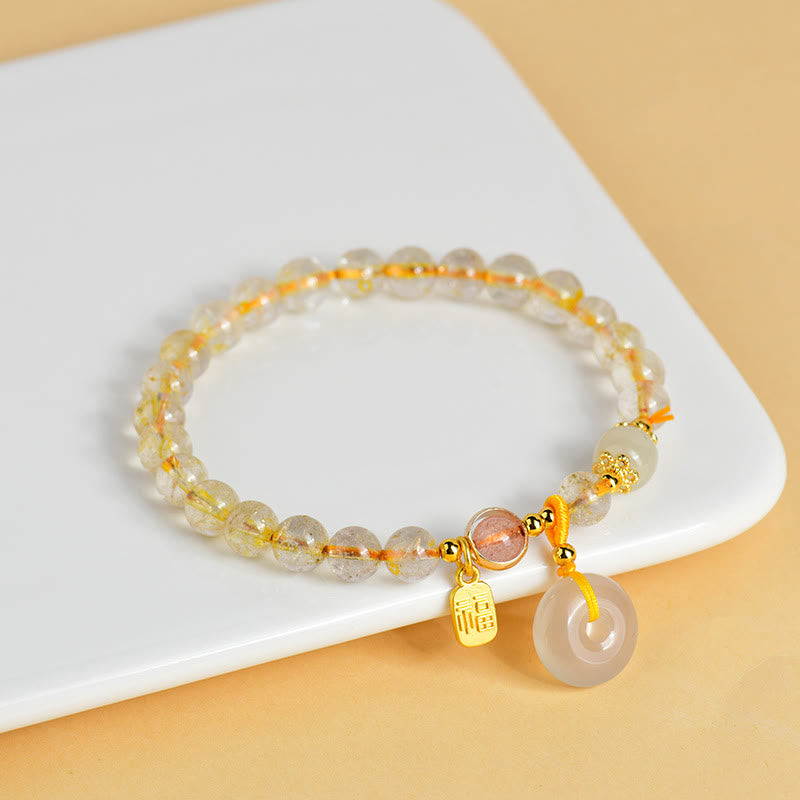 Pulsera de riqueza con dije de hebilla de paz con carácter Fu de Cuarzo rutilado dorado Natural con Buddha Stones