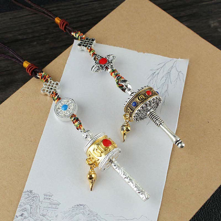 Rueda de oración Tíbet Om Mani Padme Hum, bolsa giratoria de paz, decoración colgante para coche