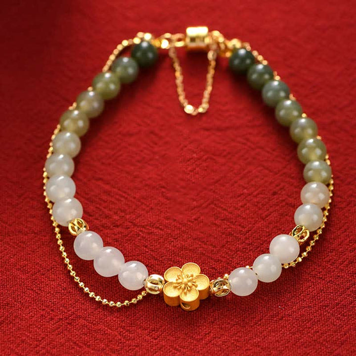 Pulsera de cadena de la suerte de flor de melocotón de jade hetiano natural de plata de ley 925 con Buddha Stones