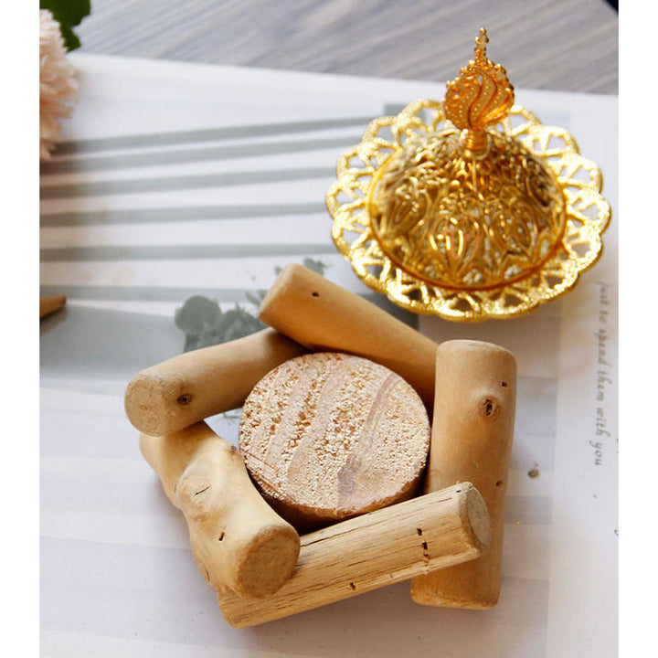 Mini quemador de incienso curativo de aleación de oro con decoración del hogar de posavasos de madera