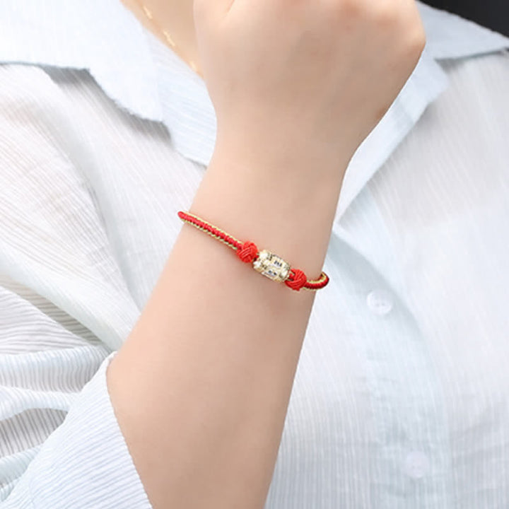 Pulsera de hilo rojo de plata de ley 925 con Buddha Stones Om Mani Padme Hum, rueda de oración, fuerza de la suerte