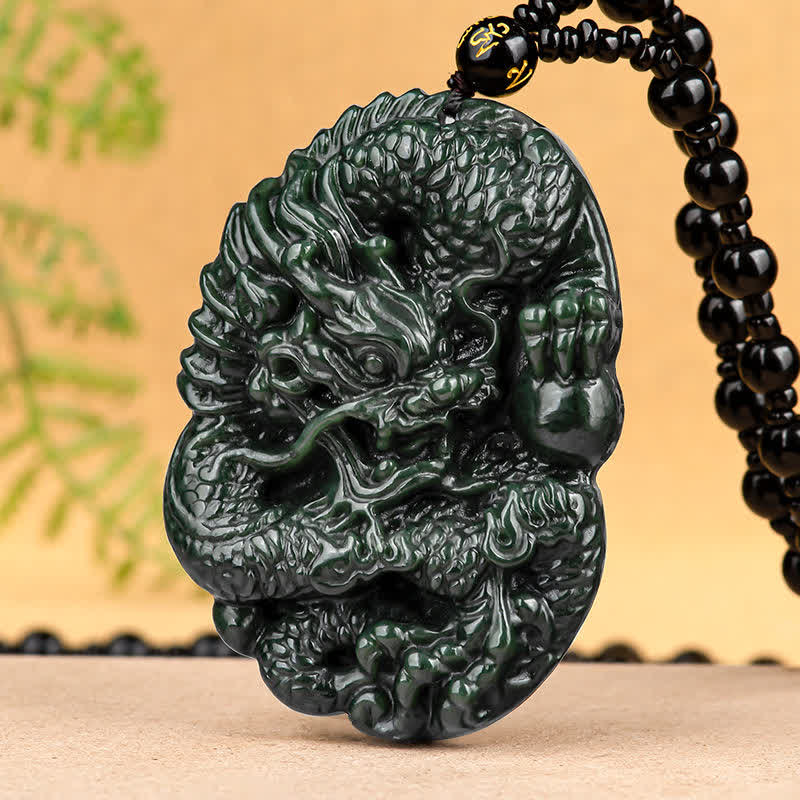 Buddha Stones Hetian Cian Jade Dragón Éxito Armonía Collar Colgante de cadena con cuentas - image 8