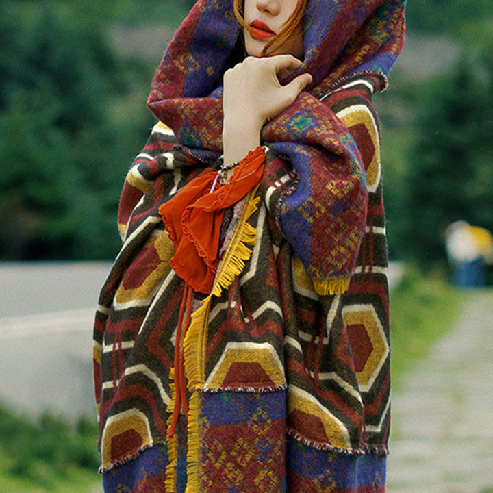 Mantón tibetano de Buddha Stones, patrón de formas geométricas, marrón, azul y rojo, bufanda de viaje acogedora para invierno