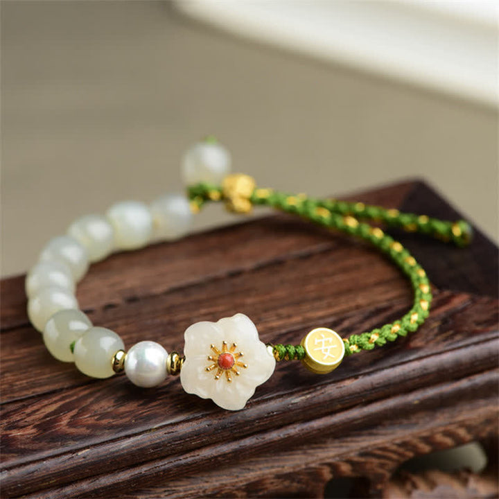 Pulsera de la suerte de flor de melocotón de jade hetiano natural de plata de ley 925