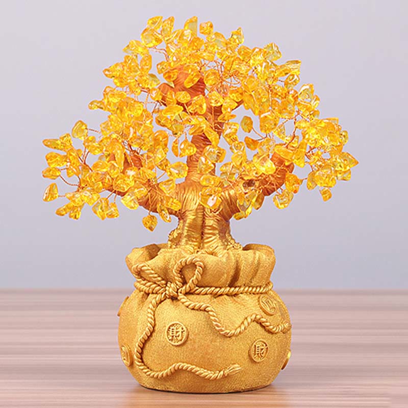 Buddha Stones Adorno de piedras preciosas de árbol de dinero de citrino natural - Feng Shui para la prosperidad