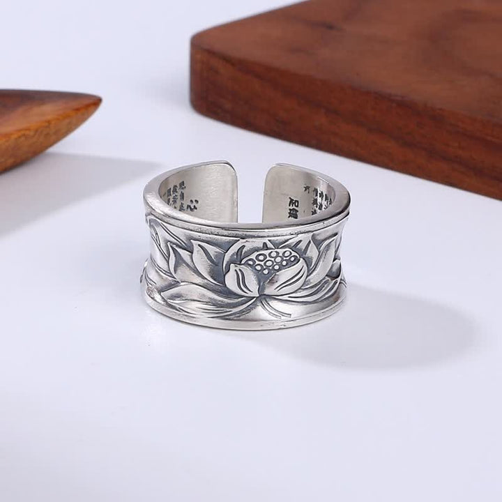 Anillo de protección Sutra de corazón de flor de loto de plata de ley 999 con Buddha Stones