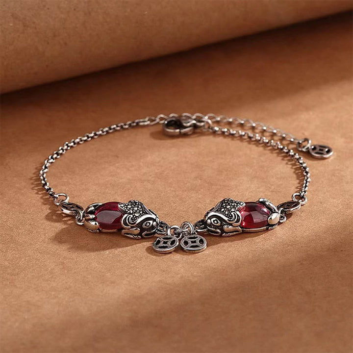 Pulsera de cadena de protección de moneda de cobre PiXiu doble granate con Buddha Stones