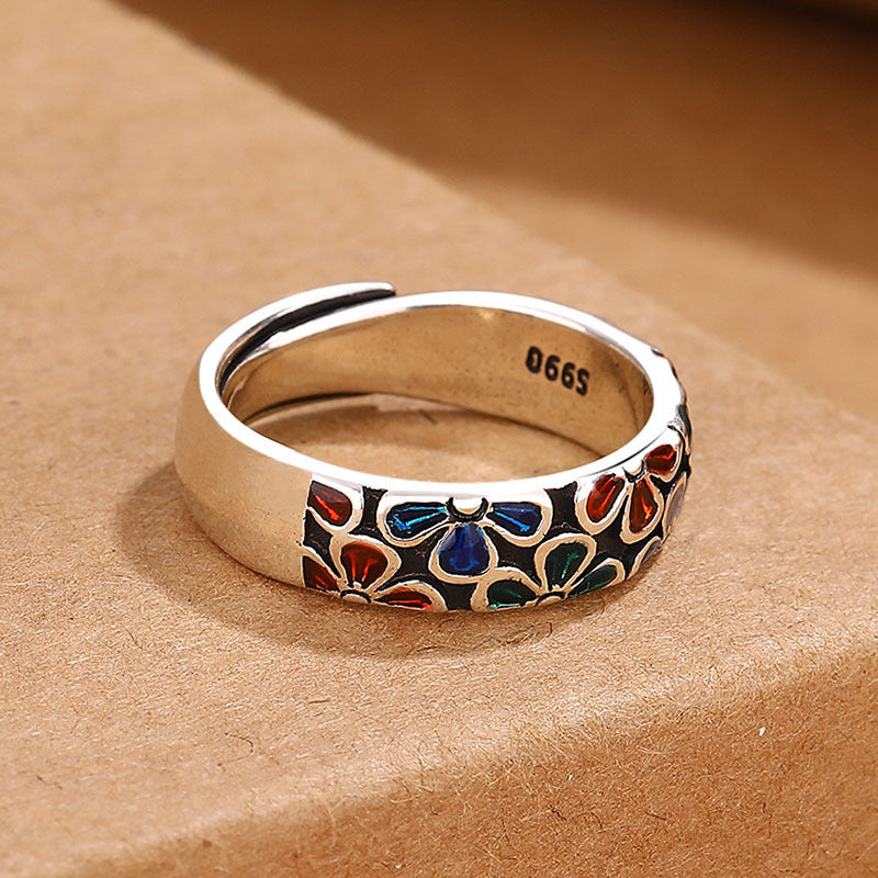 Anillo ajustable de cobre curativo con diseño de flores de ciruelo coloridas y Buddha Stones