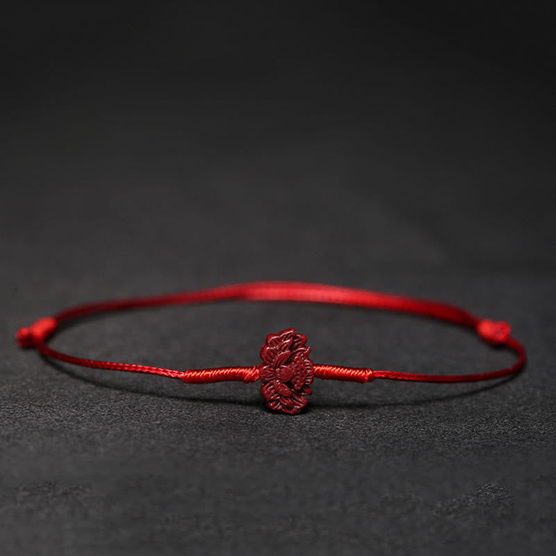 Pulsera trenzada hecha a mano con Buddha Stones, flor de ciruelo, trébol de cuatro hojas, PiXiu, loto, pez Koi, cinabrio