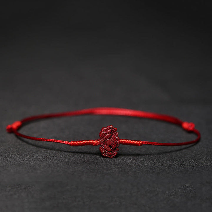 Pulsera trenzada hecha a mano con Buddha Stones, flor de ciruelo, trébol de cuatro hojas, PiXiu, loto, pez Koi, cinabrio