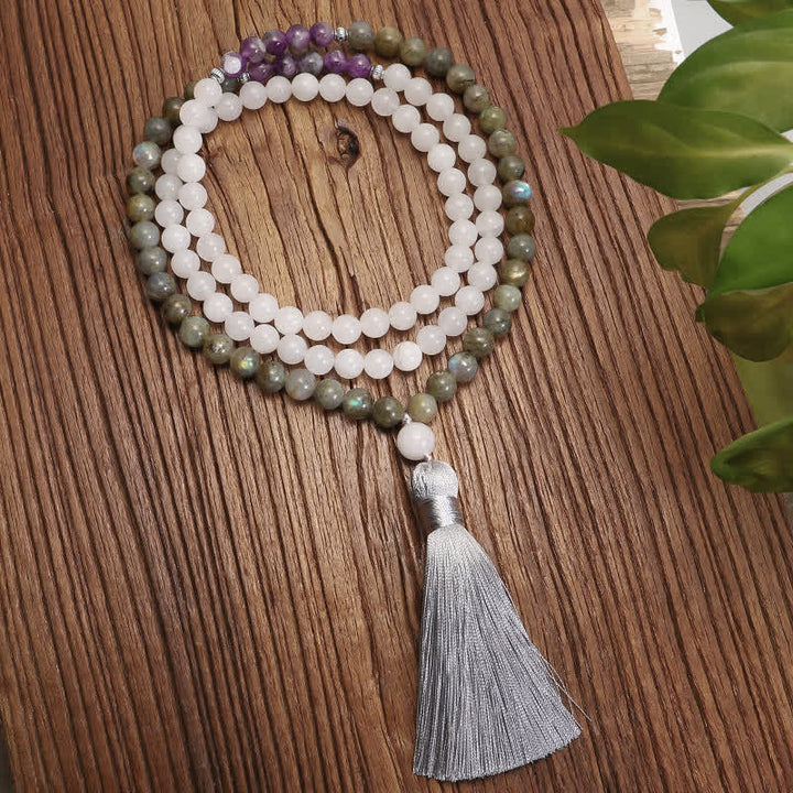 Pulsera de protección de piedra con brillo negro, 108 cuentas Mala, ágata blanca, amatista