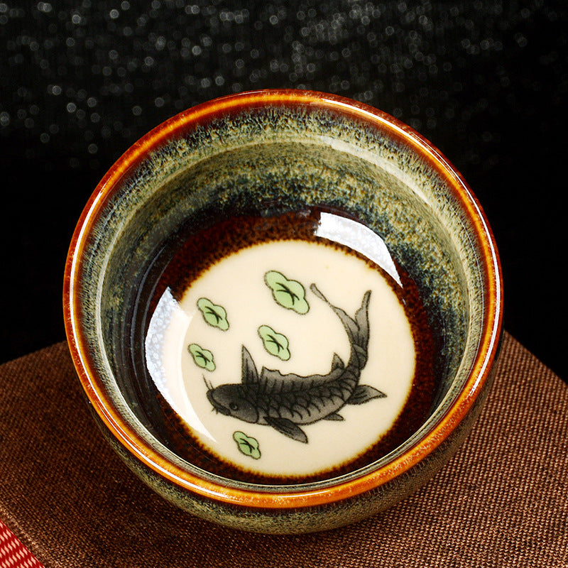 Buddha Stones, loto, dragón, Fénix, pez Koi, taza de té de cerámica china Jianzhan, taza de té de Kung Fu, 110ml