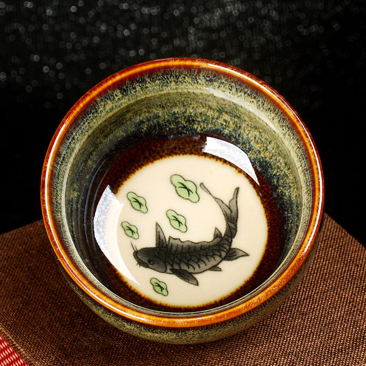 Buddha Stones, loto, dragón, Fénix, pez Koi, taza de té de cerámica china Jianzhan, taza de té de Kung Fu, 110ml