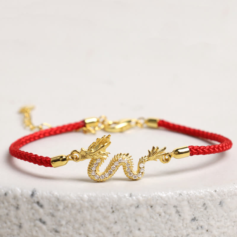 Pulsera de cadena de cuerda roja de la suerte del dragón dorado del Año del Dragón de Plata de Ley 925 con Buddha Stones - image 1