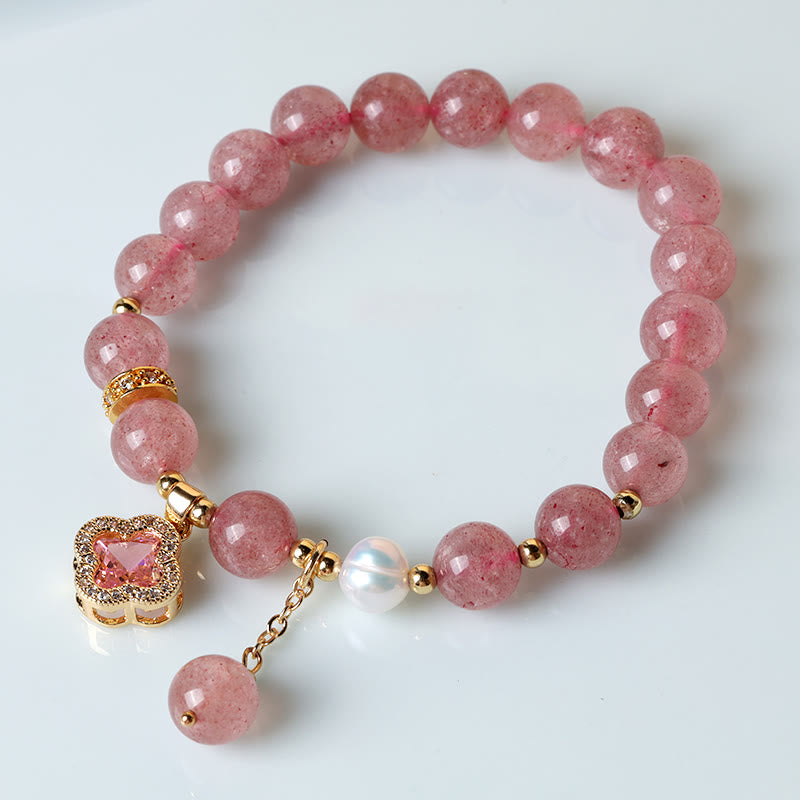 Pulsera curativa con dije de trébol de cuatro hojas y perlas de cuarzo fresa con Buddha Stones