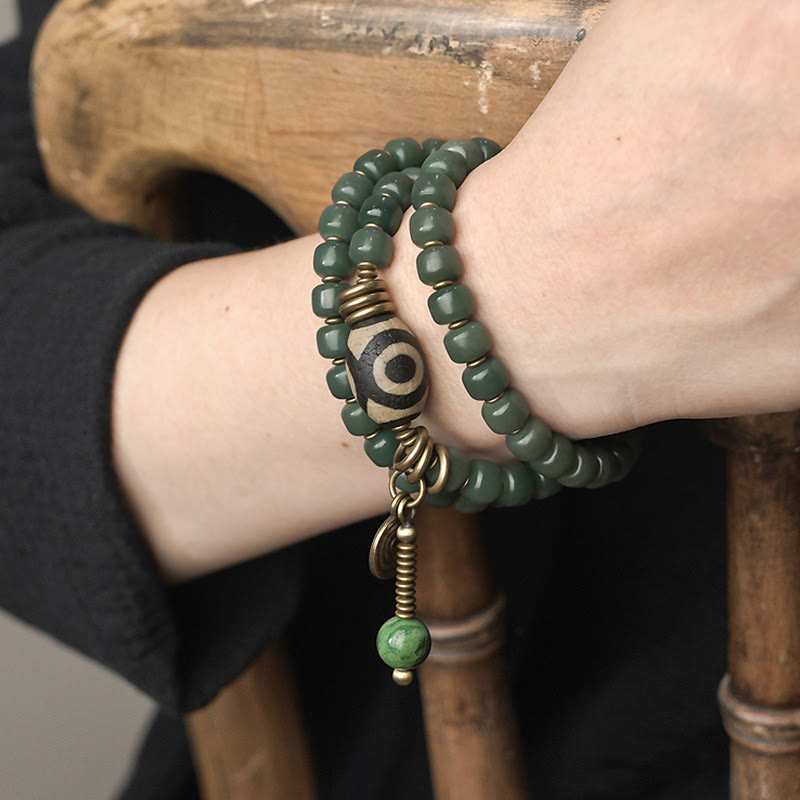 Pulsera triple de envoltura de paz de sabiduría de cuentas Dzi de semilla de Bodhi cian
