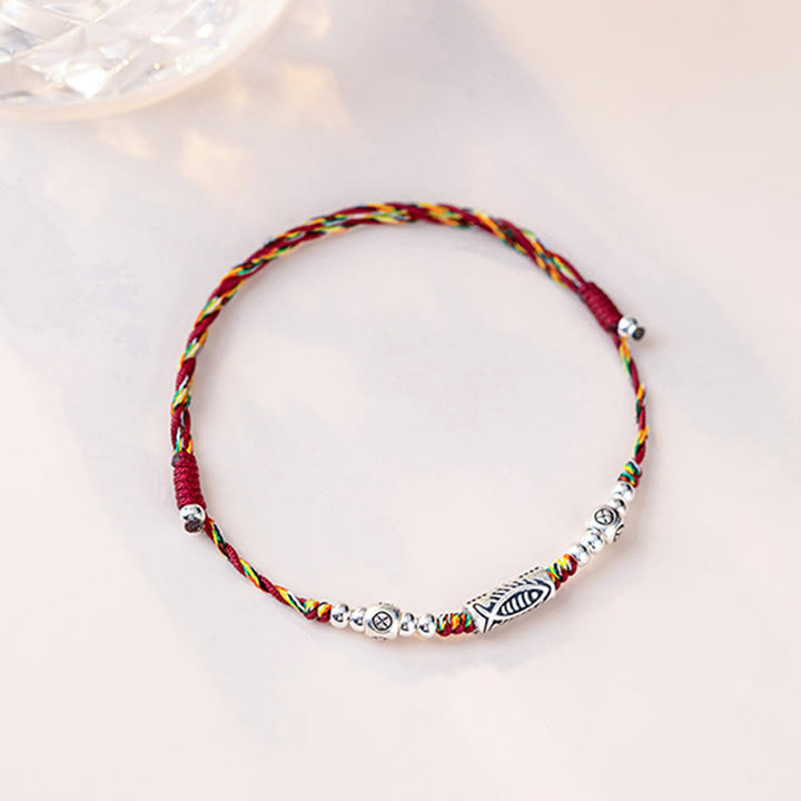 Pulsera tobillera de hilo colorido trenzado con pez Koi de la suerte de plata de ley 925 con Buddha Stones