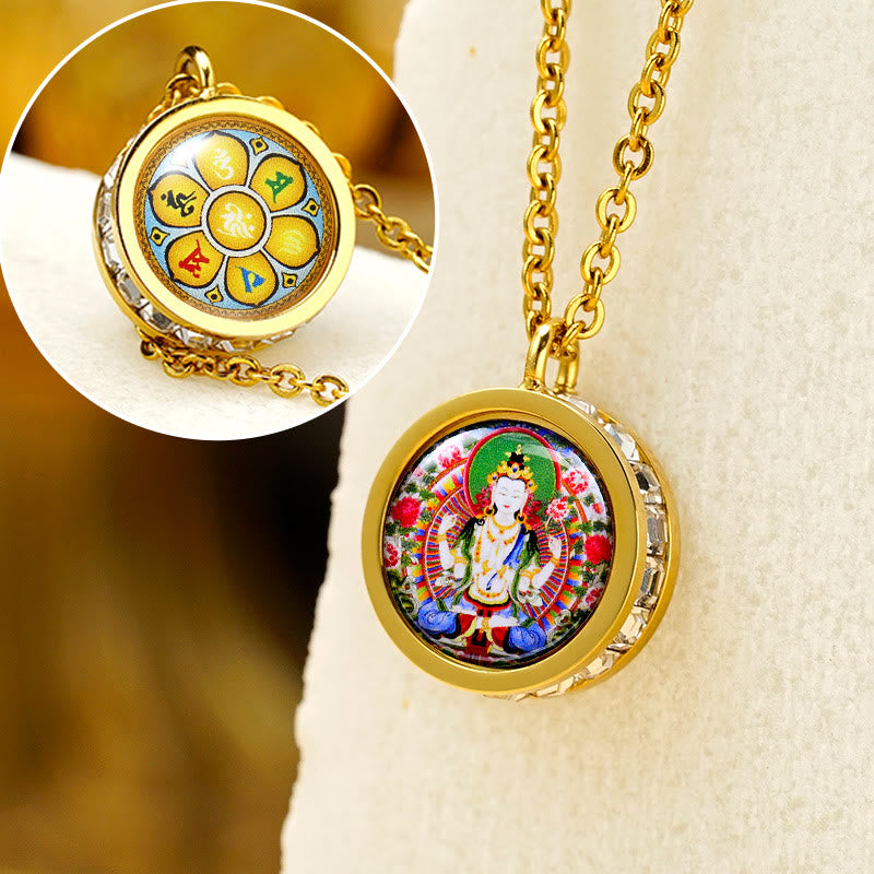 Buddha Stones tibetano amarillo dios de la riqueza Tara verde Buda serenidad collar de acero titanio colgante - Frente Avalokitesvara de cuatro brazos Atrás Om Mani Padme Hum - image 16