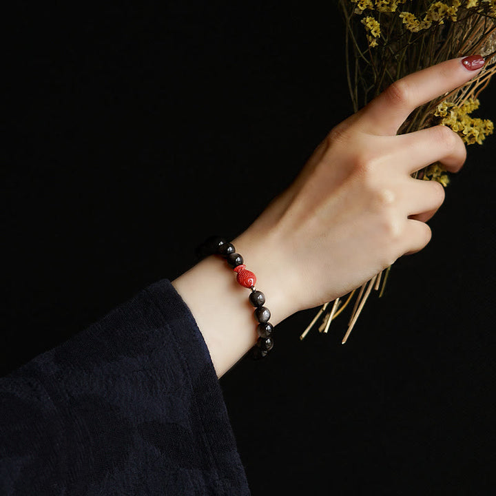 Pulsera de protección calmante con Buddha Stones , obsidiana con brillo de plata natural, cinabrio, pez Koi