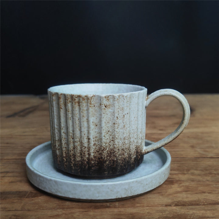 Taza de café de cerámica con cambio de horno a rayas Retro de Buddha Stones, taza de café y té de cerámica rugosa con platillo de 250ml