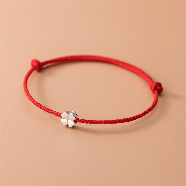 Pulsera de cuerda roja con trébol de cuatro hojas de plata de ley 925 con Buddha Stones