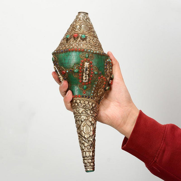 Tibetano hecho a mano grabado Shankha doble Dorje Buda Concha riqueza decoración positiva