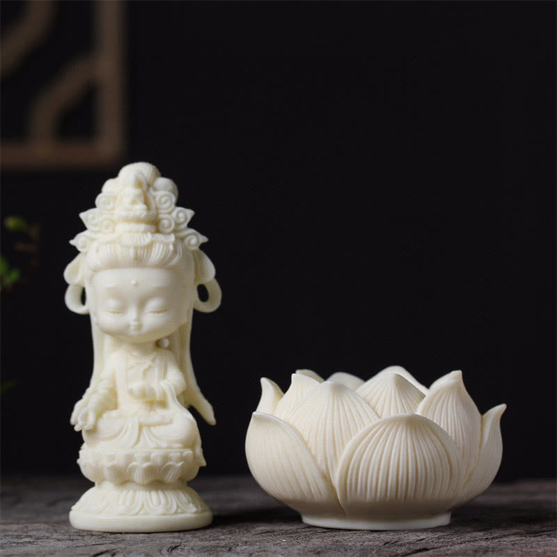 Buddha Stones Mini fruta de marfil Kwan Yin Avalokitesvara Lotus riqueza decoración de escritorio