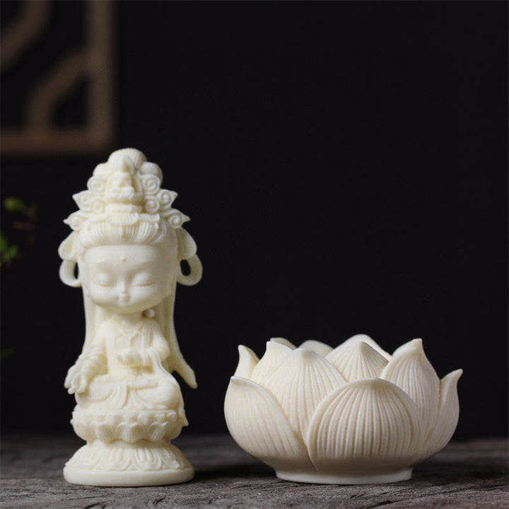 Buddha Stones Mini fruta de marfil Kwan Yin Avalokitesvara Lotus riqueza decoración de escritorio