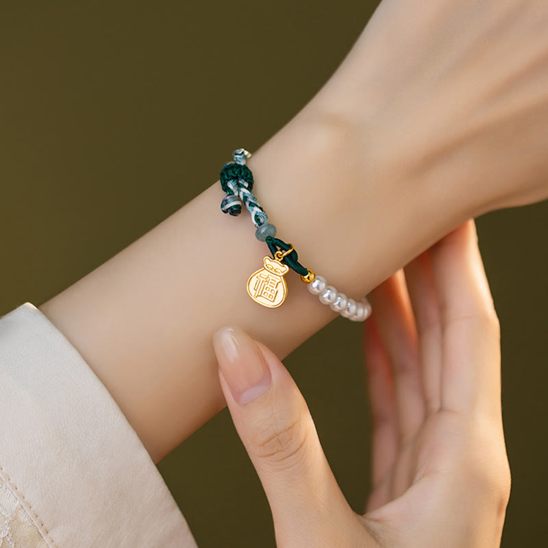 Pulsera de cuerda de sabiduría de jade hetiano con perlas de la suerte y carácter Fu de plata de ley 925 con Buddha Stones