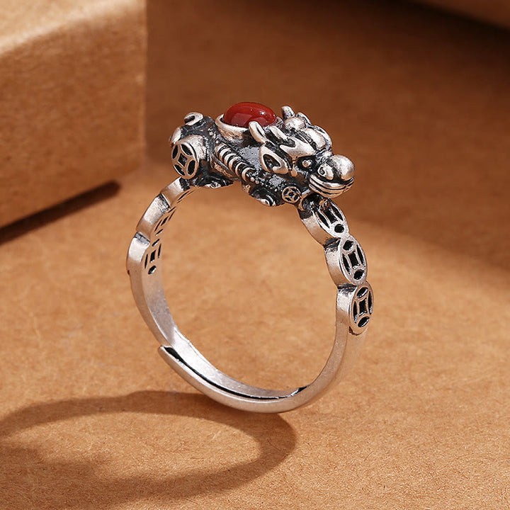 Anillo de la suerte de la riqueza de la ágata roja de la moneda de cobre de las Buddha Stones PiXiu