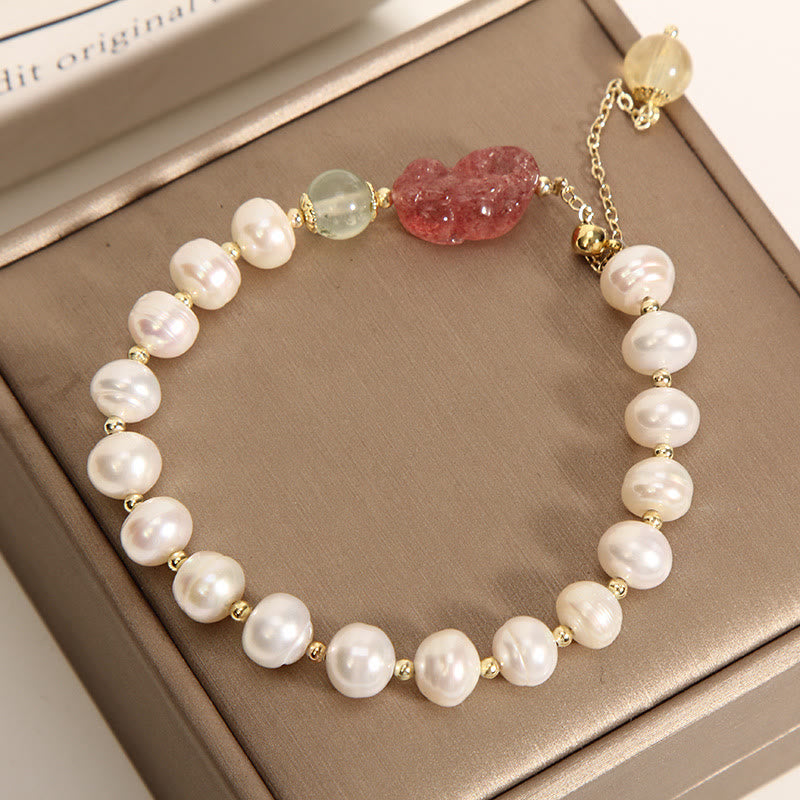 Pulsera con dijes de optimismo PiXiu, cuarzo fresa, perlas naturales , Buddha Stones