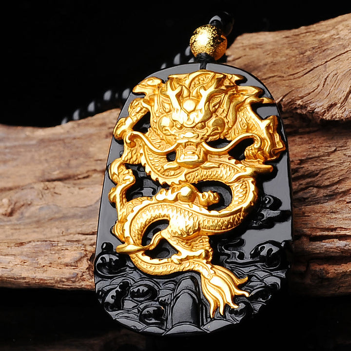 Collar con colgante de la suerte de obsidiana dragón chapado en oro de 18 quilates con Buddha Stones - Obsidiana - image 3