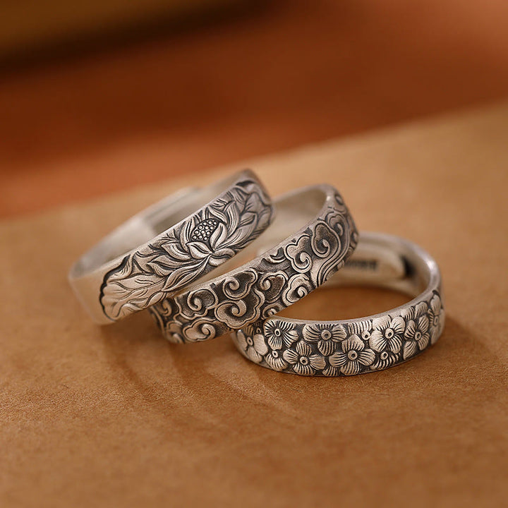 Anillo de iluminación grabado con Buddha Stones de plata de ley 999, flor de loto, flor de ciruelo, nubes auspiciosas