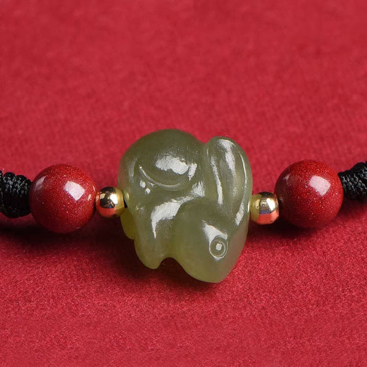 Año del Conejo Hetian Jade Bunny Cinabrio Con Cuentas Pulsera de Hilo de Abundancia