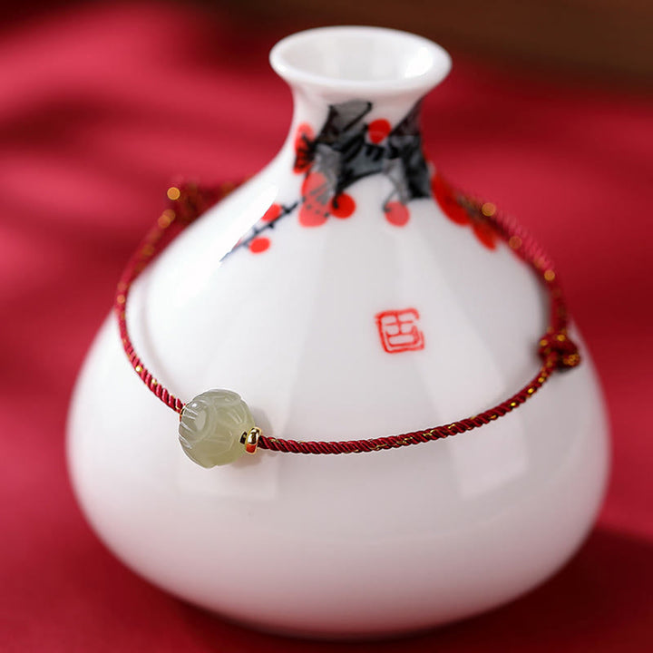 Pulsera de hilo rojo de la suerte de loto de jade hetiano chapado en plata de ley 925 con Buddha Stones - Loto de jade grande de 7*10 mm (tamaño de la pulsera: 22 cm) - image 4