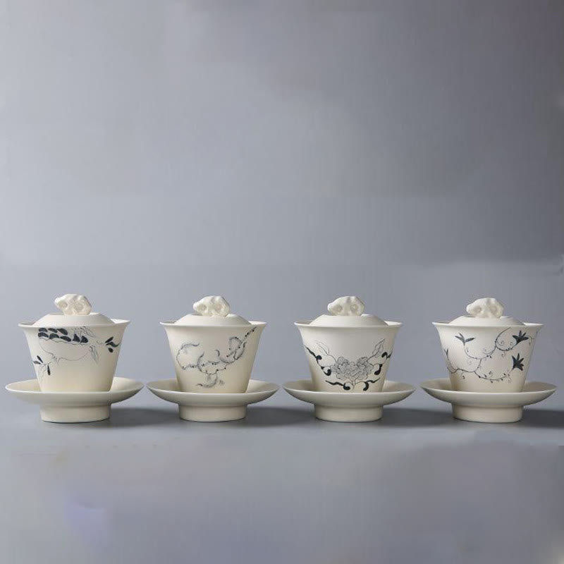 Buddha Stones pintadas a mano, Granada, hibisco, pino, loto, cerámica, Gaiwan Sancai, taza de té de Kung Fu y platillo con tapa